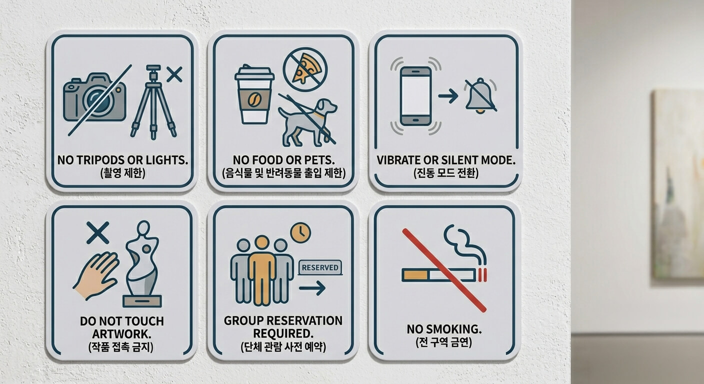 NO TRIPODS OR LIGHTS.(촬영 제한) NO FOOD OR PETS.(음식물 및 반려동물 출입 제한) VIBRATE OR SILENT MODE.(진동 모드 전환) DO NOT TOUCH ARTWORK.(작품 접촉 금지) GROUP RESERVATION REQUIRED.(단체 관람 사전 예약) NO SMOKING.(전 구역 금연)