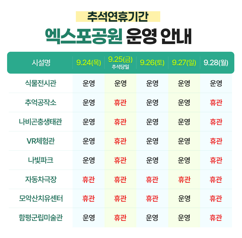 추석 연휴 기간 엑스포공원 운영 안내