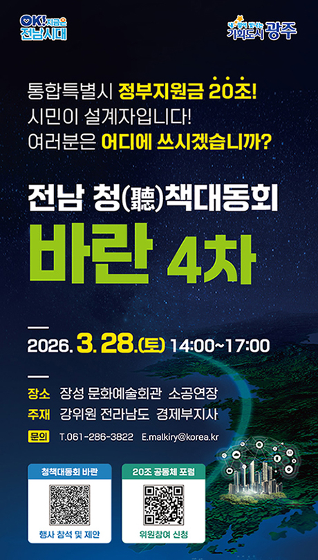 통합특별시 정부지원금 20조!
시민이 설계자입니다! 여러분은 어디에 쓰시겠습니까?
전남 청(훈)책대동회 바란 4차
2026.3.28.(토) 14:00~17:00
장소: 장성 문화예술회관 소공연장
주재: 강위원 전라남도 경제부지사
문의: T.061-286-3822 E.malkiry@korea.kr
청책대동회 바란 QR코드(https://www.jeonnam.go.kr/M7124/boardView.do?seq=1935993&infoReturn=&menuId=jeonnam0201000000&displayHeader=&searchType=&searchText=&searchStDate=&searchEnDate=&pageIndex=1&boardId=M7124&displayHeader=) 행사 참석 및 제안
20조 공동체 포럼 QR코드(https://www.jeonnam.go.kr/event/event02.do) 위원참여 신청