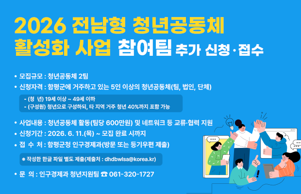 2026 전남형 청년공동체 활성화 사업 참여팀 추가 신청•접수
• 모집규모 : 청년공동체 2팀
• 신청자격 : 함평군에 거주하고 있는 5인 이상의 청년공동체(팀, 법인, 단체)
- (청 년) 19세 이상 ~ 49세 이하
- (구성원) 청년으로 구성하되, 타 지역 거주 청년 40%까지 포함 가능
• 사업내용 : 청년공동체 활동(팀당 600만원) 및 네트워크 등 교류•협력 지원
• 신청기간 : 2026. 6. 11.(목) ~ 모집 완료 시까지
•접 수 처 : 함평군청 인구경제과(방문 또는 등기우편 제출)
※ 작성한 한글 파일 별도 제출(제출처 : dhdbwisa@korea.kr)
• 문의 : 인구경제과 청년지원팀 8: 061-320-1727