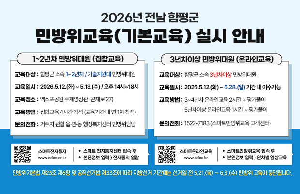 2026년 전남 함평군 민방위교육(기본교육) 실시 안내
1~2년차 민방위대원 (집합교육) 
교육대상: 함평군 소속 1~2년차 / 기술지원대 민방위대원 교육일시: 2026.5.12.(화) ~ 5.13.(수) / 오후 14시~18시 교육장소: 엑스포공원 주제영상관 (곤재로 27) 교육방법: 집합교육 4시간 참석 (교육기간 내 1회 참석) 문의전화: 거주지 관할 읍·면·동 행정복지센터 민방위담당
3년차 이상 민방위대원 (온라인교육) 
교육대상: 함평군 소속 3년차 이상 민방위대원 교육일시: 2026.5.12.(화) ~ 6.28.(일) 기간 내 이수 가능 교육방법: 3~4년차 온라인교육 2시간 + 평가풀이 / 5년차 이상 온라인교육 1시간 + 평가풀이 문의전화: 1522-7183 (스마트민방위교육 고객센터)
QR코드(https://www.cdec.or.kr) 스마트전자통지 www.cdec.or.kr 스마트 전자통지센터 접속 후 본인정보 입력 → 전자통지 열람
QR코드(https://www.cdec.kr) 스마트온라인교육 www.cdec.kr 스마트민방위교육 접속 후 본인정보 입력 → 연차별 영상교육
민방위기본법 제23조 제6항 및 공직선거법 제33조에 따라 지방선거 기간에는 선거일 전 5.21.(목) ~ 6.3.(수) 민방위 교육이 중단됩니다.
