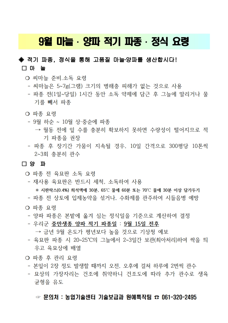 9월 마늘, 양파 적기 파종 및 정식 요령