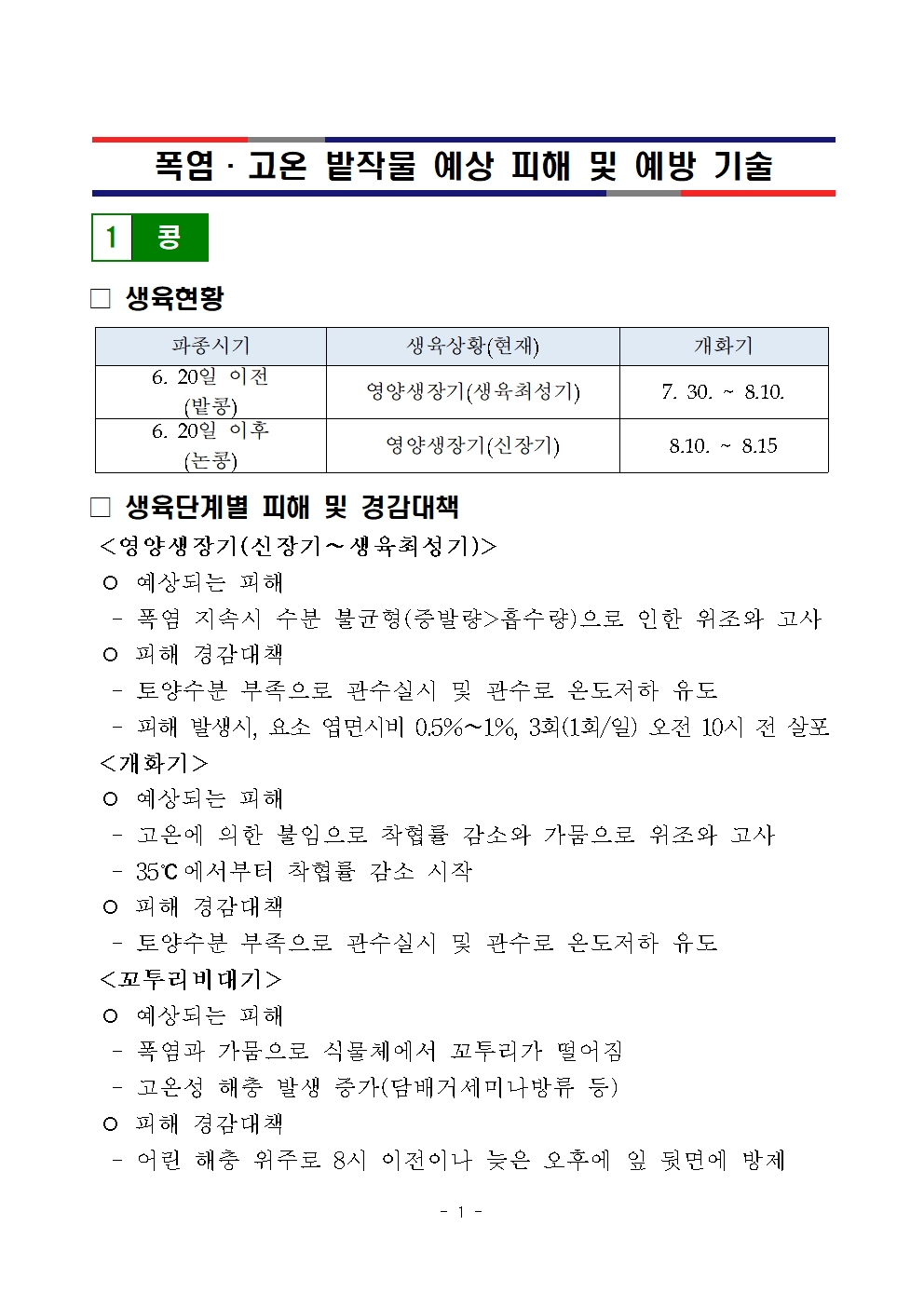 밭 식량작물 폭염·고온 피해 예방 안내