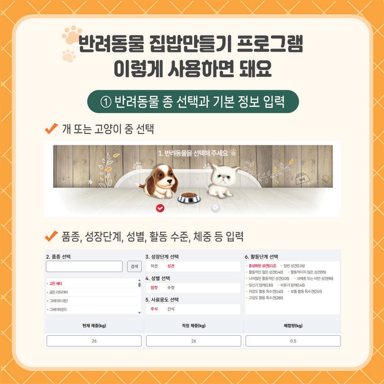 국내 기준으로, 누구나 쉽게 반려동물 사료설계!