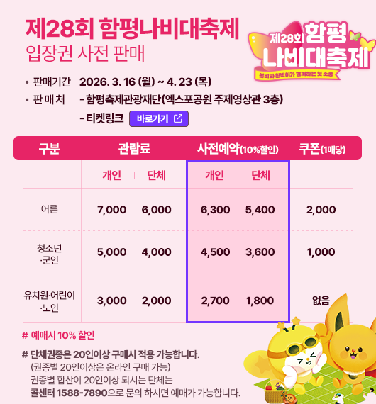 제28회 함평나비대축제 입장권 사전 판매<br>• 판매기간 2026.3.16 (월) ~ 4. 23 (목)<br>• 판매처- 함평축제관광재단(엑스포공원 주제영상관 3층)<br>- 티켓링