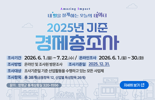2025년 기준 경제총조사
조사기간 : 2026. 6. 1.(월)~ 7. 22.(수) / 온라인조사 : 2026. 6. 1.(월) ~ 30.(화)
조사기준일 : 2025. 12. 31.
조사대상 : 조사기준일 기준 산업활동을 수행하고 있는 모든 사업체
조사방법 : 온라인 및 조사원 방문조사
조사항목 : 총 38개(공통항목 12, 산업별 특성항목 26개)
문의 : 함평군 통계상황실 320-1556