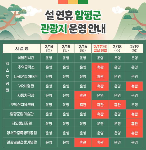 설 연휴 함평군 관광지 운영 안내