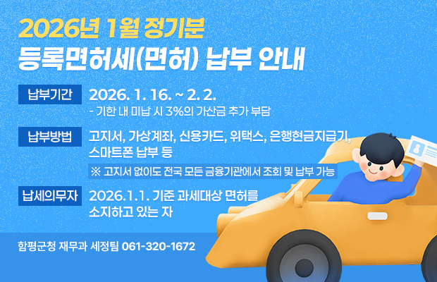 2026년 1월 정기분 등록면허세(면허) 납부 안내
납부기간 : 2026. 1. 16. ~ 2. 2.
- 기한 내 미납 시 3%의 가산금 추가 부담
납부방법 : 고지서, 가상계좌, 신용카드, 위택스, 은행현금지급기, 스마트폰 납부 등
※ 고지서 없이도 전국 모든 금융기관에서 조회 및 납부 가능
납세의무자 : 2026.1.1. 기준 과세대상 면허를 소지하고 있는 자
함평군청 재무과 세정팀 061-320-1672