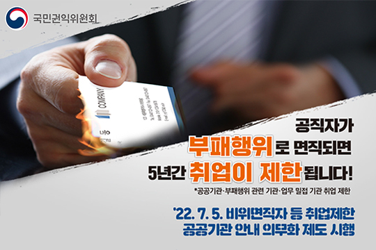 국민권익위원회
공직자가 부패행위로 면직되면 5년간 취업이 제한됩니다!
*공공기관·부패행위 관련 기관·업무 밀접 기관 취업 제한
