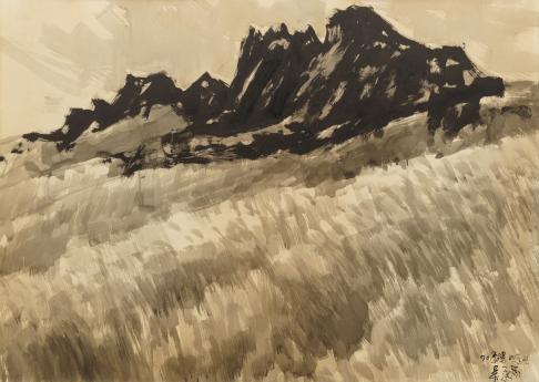 오승우(吳承雨, 1930-2023)는 전남미술을 대표하는 작가 중 한 사람이다. 대한민국 미술전람회 6회에서 9회까지 특선을 수상하였으며 ‘한국의 100산(百山)·동양의 원형(東洋의 原形)·십장생도(十長生圖)’ 등 연작 작업으로 잘 알려져 있다.함평군립미술관이 소장한 은 안종일 선생이 2024년 마지막으로 함평군에 기증한 작품이다. 오승우 작가의 대표적인 연작 중 하나인 ‘한국의 100산’ 중 하나로 대한민국의 130여개의 산을 직접 오르내리며 그린 작품이다. 이 작품이 특별한 이유는 ‘캔버스에 유채’로 그린 다른 연작과 달리 ‘종이에 먹’으로 그린 대작이라는 점이다. 담양평야에서 올려본 병풍산의 모습을 그린 것으로 우뚝 솟은 산의 우람함을 거칠고 분방한 진한 묵(濃墨)으로 표현하고 산바람이 느껴지는 평야를 짧고 규칙적인 연한 묵(淡墨)으로 묵의 극단적 대비가 조화를 이룬 수작(秀作)이라 할 수 있다.