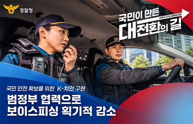 경찰청 로고
국민이 만든 대전환의 길 회복과 도약, 모두의 1년
국민 안전 확보를 위한 K-치안 구현
범정부 협력으로 보이스피싱 획기적 감소